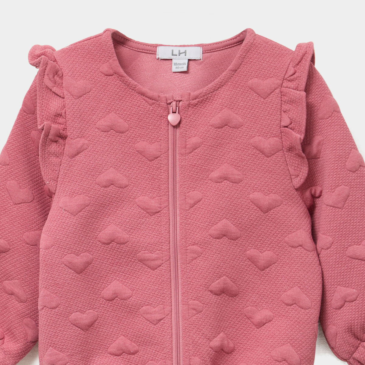 Gilet zipp&eacute; matelass&eacute; coeur &agrave; volants vieux rose b&eacute;b&eacute; fille