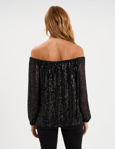 T-shirt sequins et col bardot noir femme