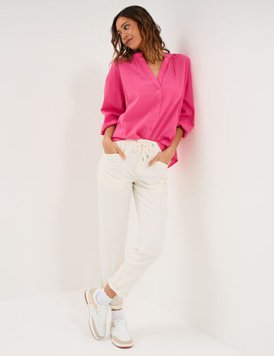 Blouse col tunisien manches 3/4 coton rose fushia femme
