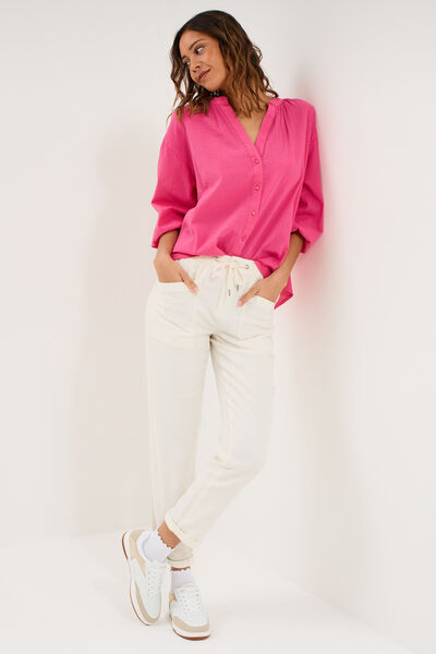 Blouse col tunisien manches 3/4 coton rose fushia femme