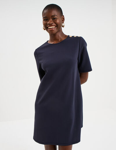 Robe droite cr&ecirc;pe manches courtes bleu fonc&eacute; femme
