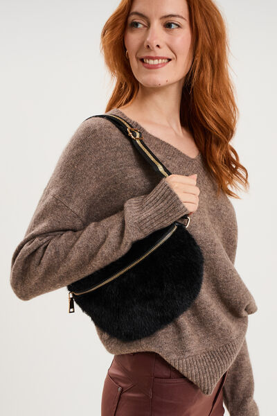 Sac banane fausse fourrure noir femme