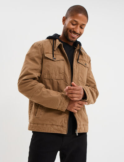 Veste à capuche amovible coton Trappeur marron clair homme
