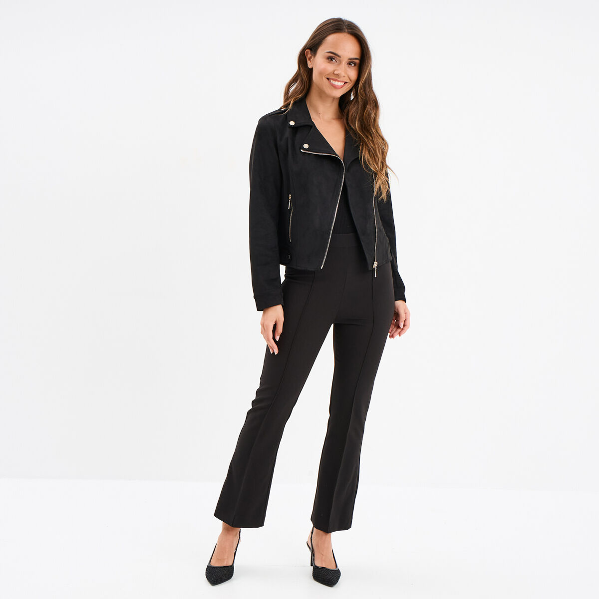Veste courte esprit biker effet su&eacute;dine noir femme