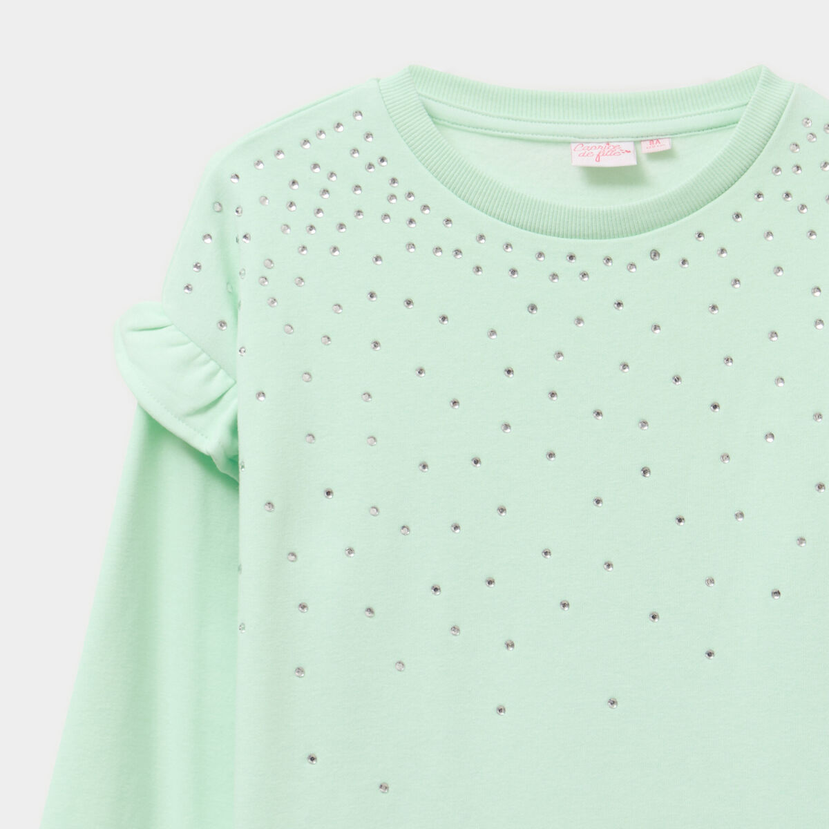 Sweat strass et volants manches longues vert clair fille