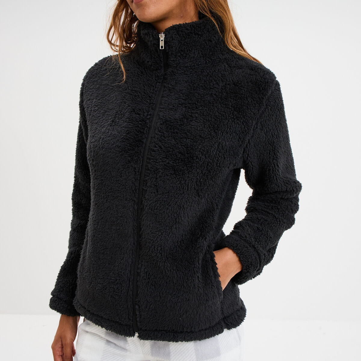 Veste effet polaire col montant noir femme