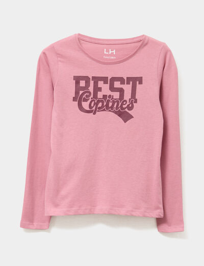 T-shirt col rond manches longues coton vieux rose fille