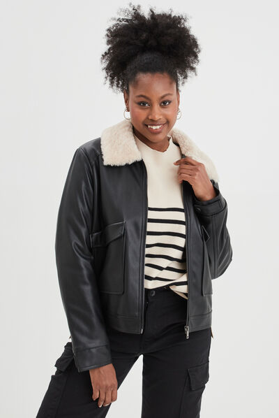 Veste simili cuir col aviateur noir femme