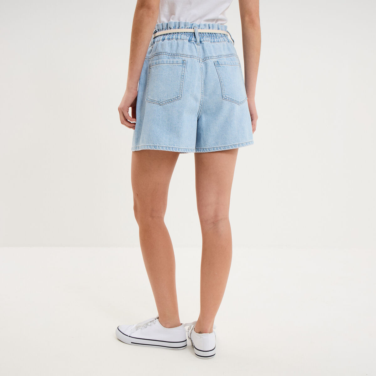 Short mom en jean ceinture cordon denim triple stone femme