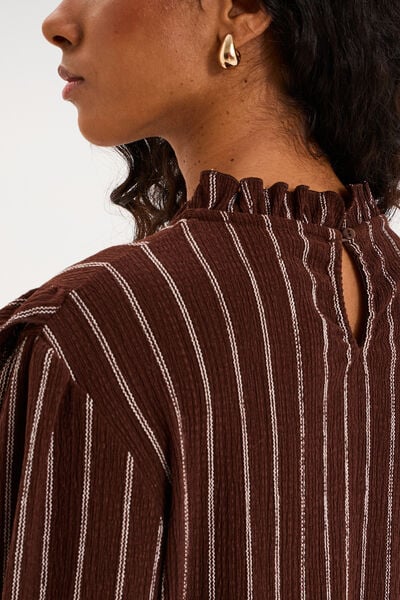 Blouse col montant &agrave; volants marron fonc&eacute; femme
