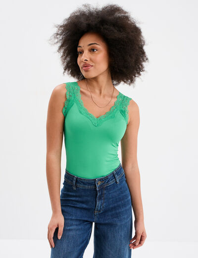 Débardeur ajusté détail dentelle vert femme