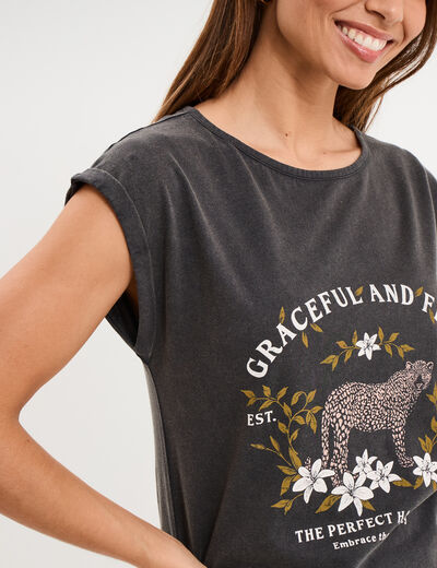 T-shirt col rond manches courtes coton noir femme