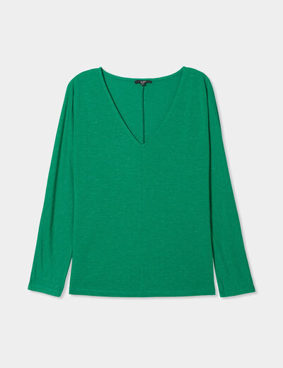 T-shirt col en V manches longues vert femme
