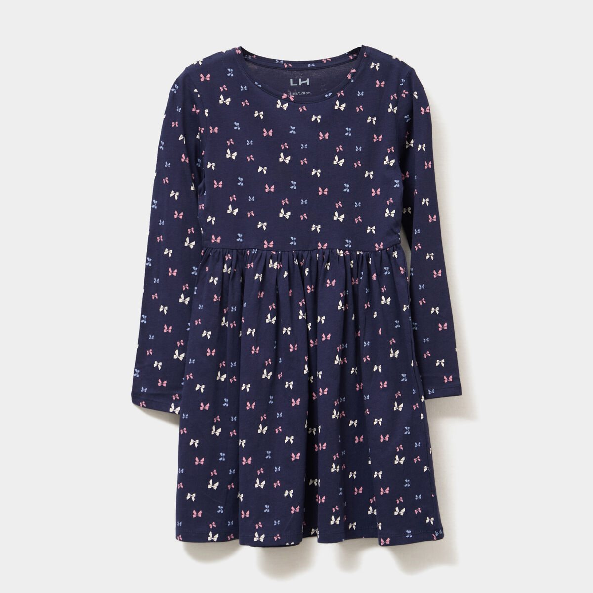 Robe évasée manches longues coton bleu marine fille
