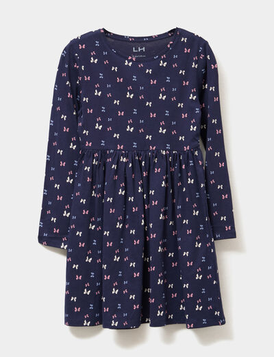 Robe évasée manches longues coton bleu marine fille