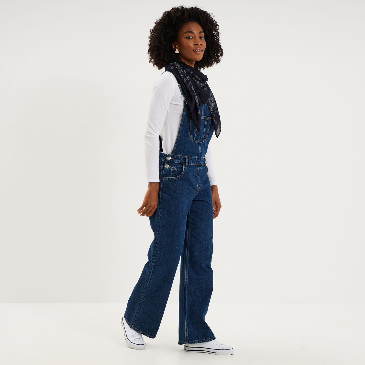 Salopette en jean jambe large coton bleu fonc&eacute; femme