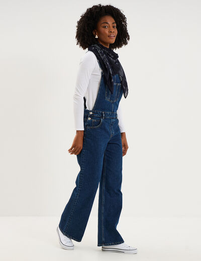 Salopette en jean jambe large coton bleu fonc&eacute; femme