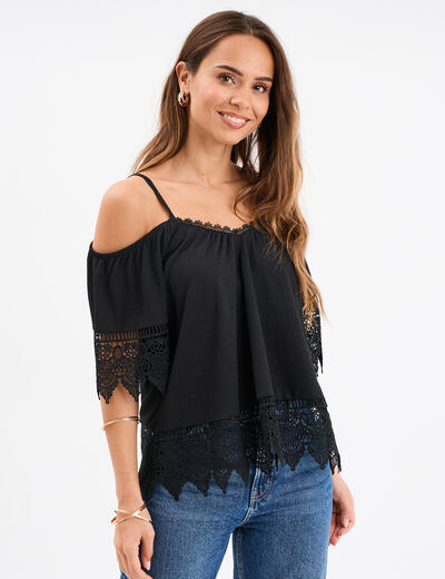 T-shirt col bardot et macramé Mosquitos noir femme
