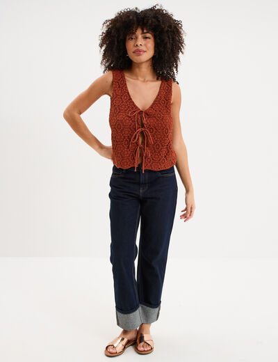 D&eacute;bardeur nou&eacute; effet dentelle macram&eacute; camel femme