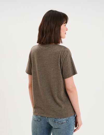 T-shirt col en V manches courtes vert kaki femme