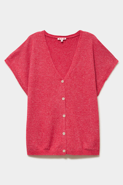 Gilet manches courtes boutonn&eacute; col V rose cerise femme grande taille