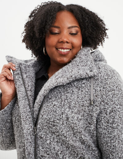 Manteau aspect bouclette à capuche gris femme grande taille
