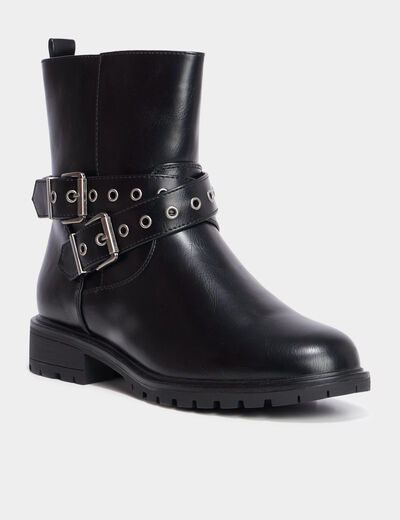 Bottines à semelle crantée talons plats noir femme