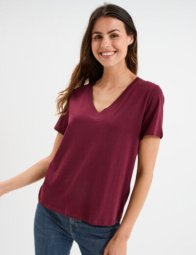 T-shirt manches courtes col en V coton bordeaux femme