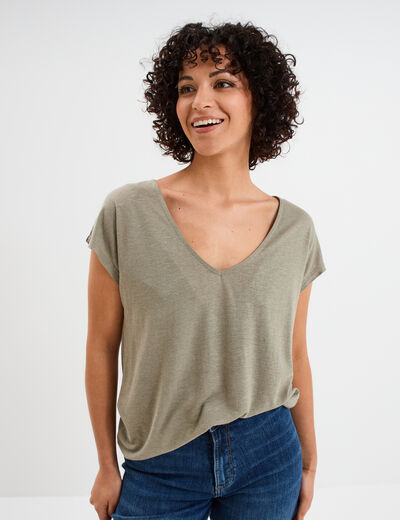 T-shirt manches courtes lin mélangé vert kaki femme