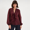 Blouse fluide nou&eacute;e col en V &agrave; volants violet fonc&eacute; femme