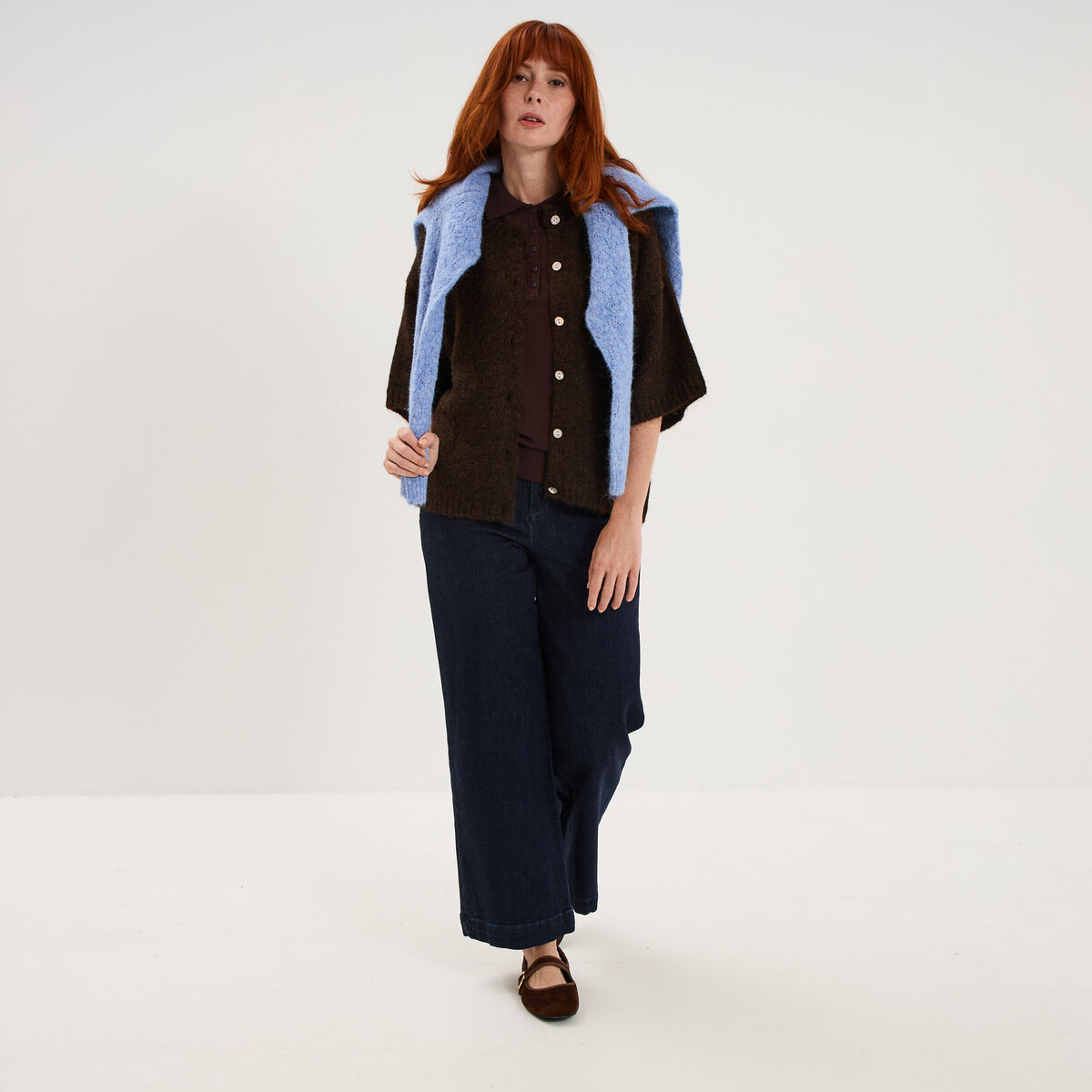 Jean large cropped &agrave; pont taille haute denim brut femme