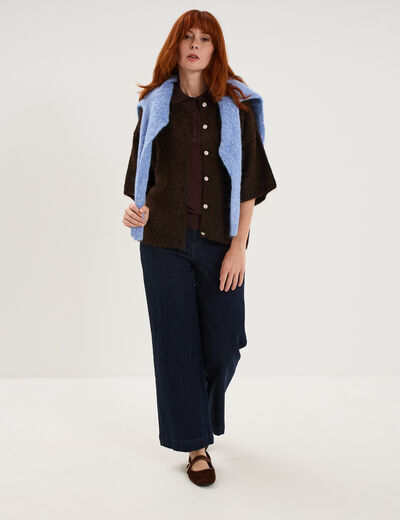 Jean large cropped &agrave; pont taille haute denim brut femme