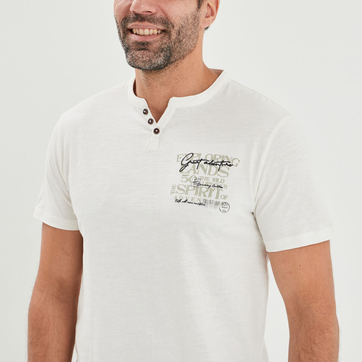 T-shirt col tunisien coton Trappeur blanc homme