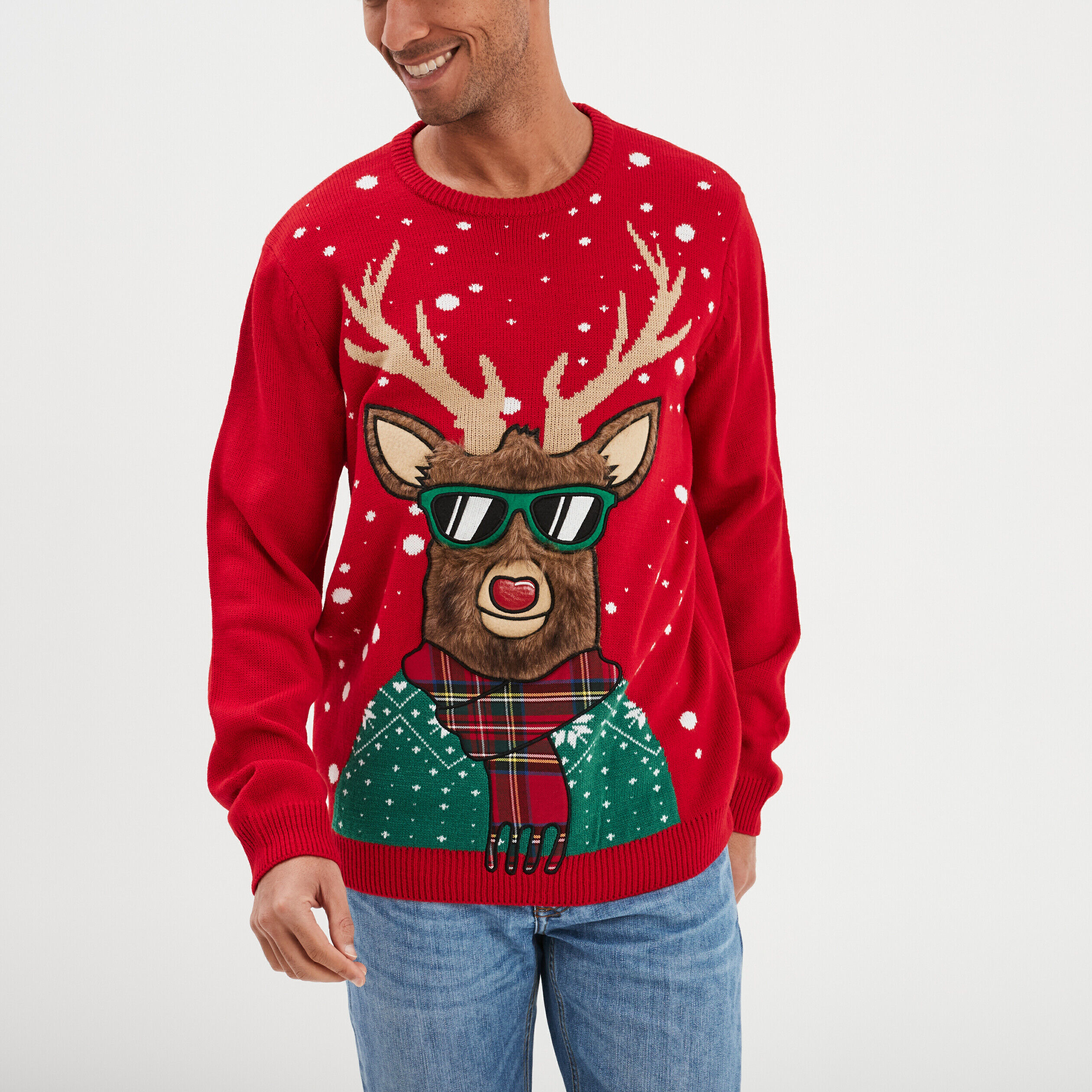 Pull Noël manches longues col rond rouge homme LH