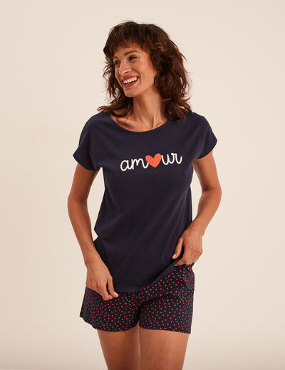 Ensemble pyjama short 2 pièces coton bleu marine femme