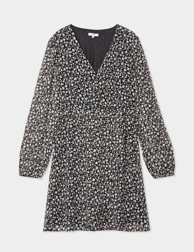 Robe manches longues col cache-coeur noir femme