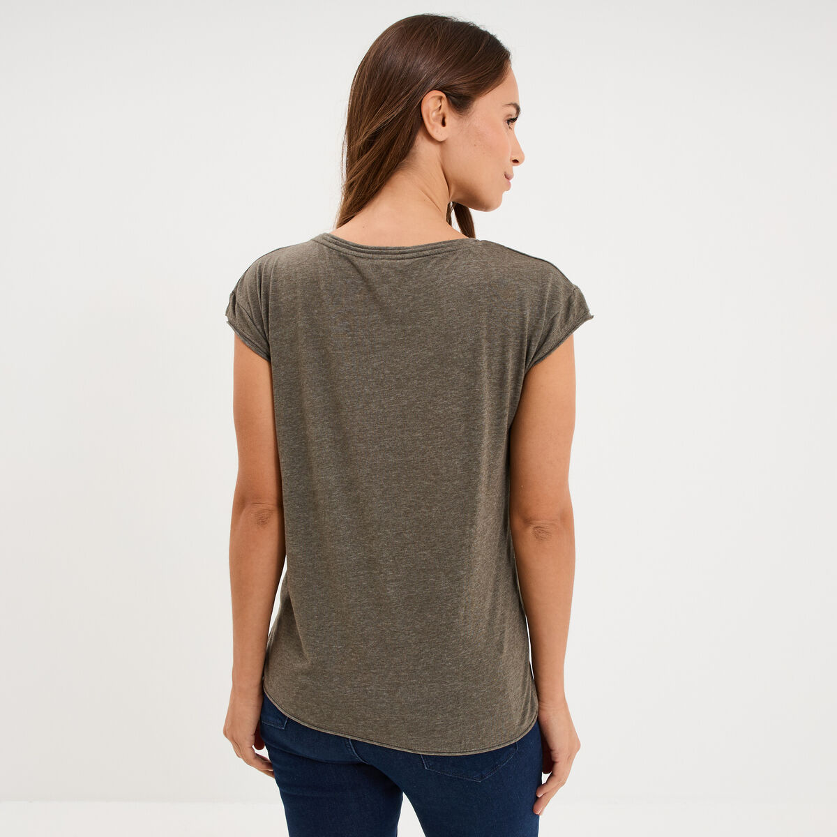 T-shirt col v poche poitrine vert kaki femme