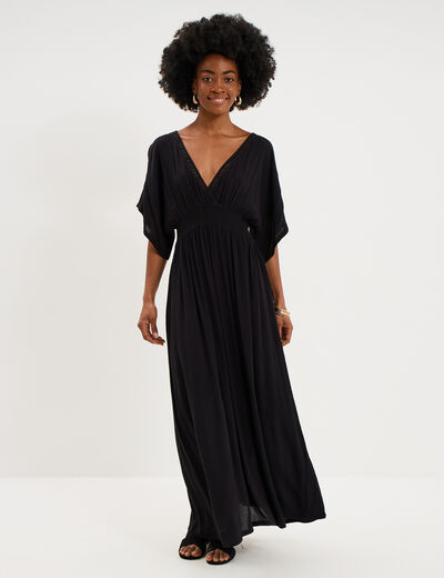 Robe fluide longue col et dos en V noir femme