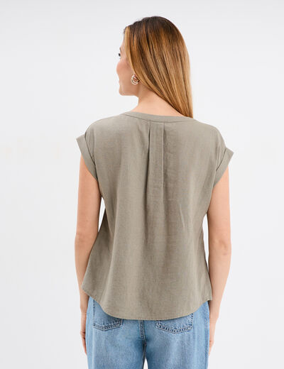 Blouse col V manches courtes lin mélangé vert kaki femme