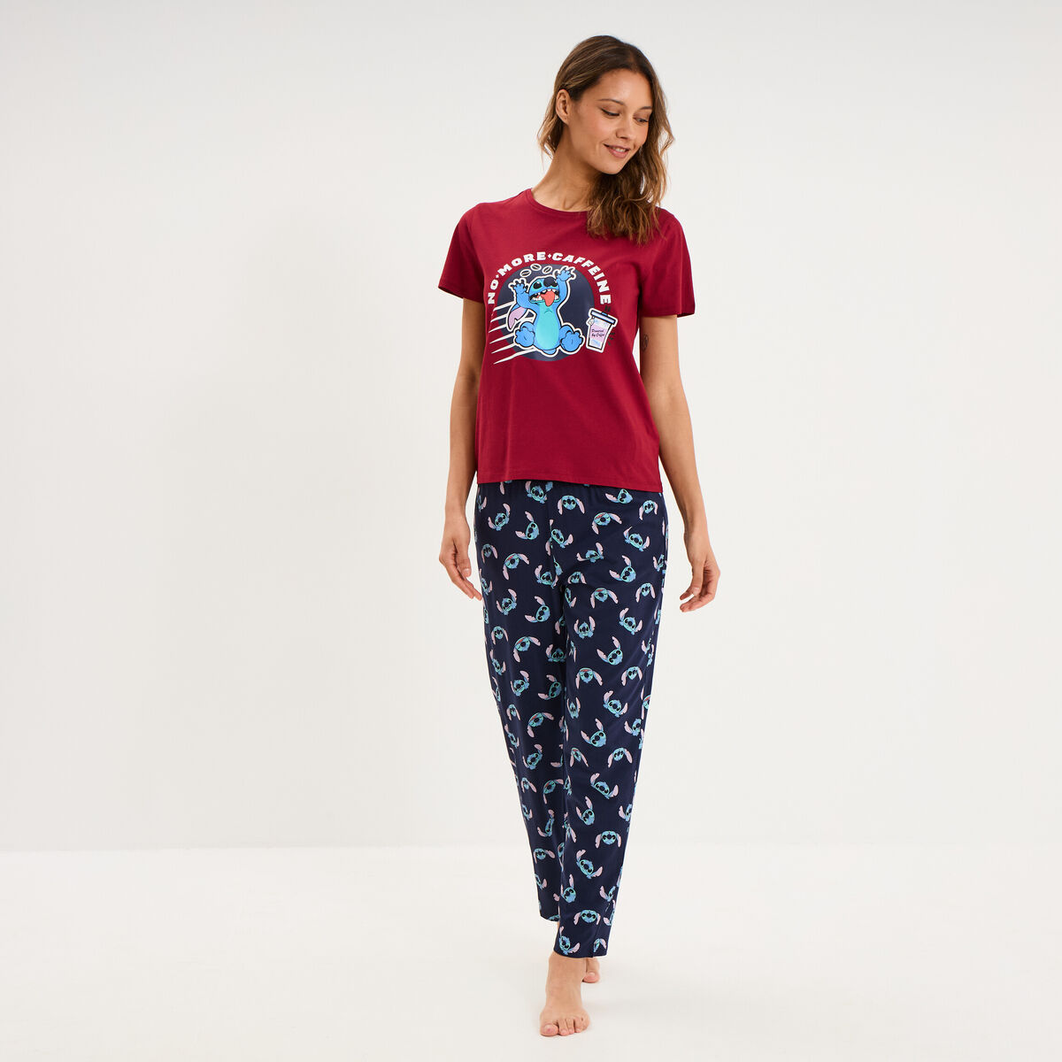 Ensemble pyjama pantalon t-shirt Stitch bordeaux femme
