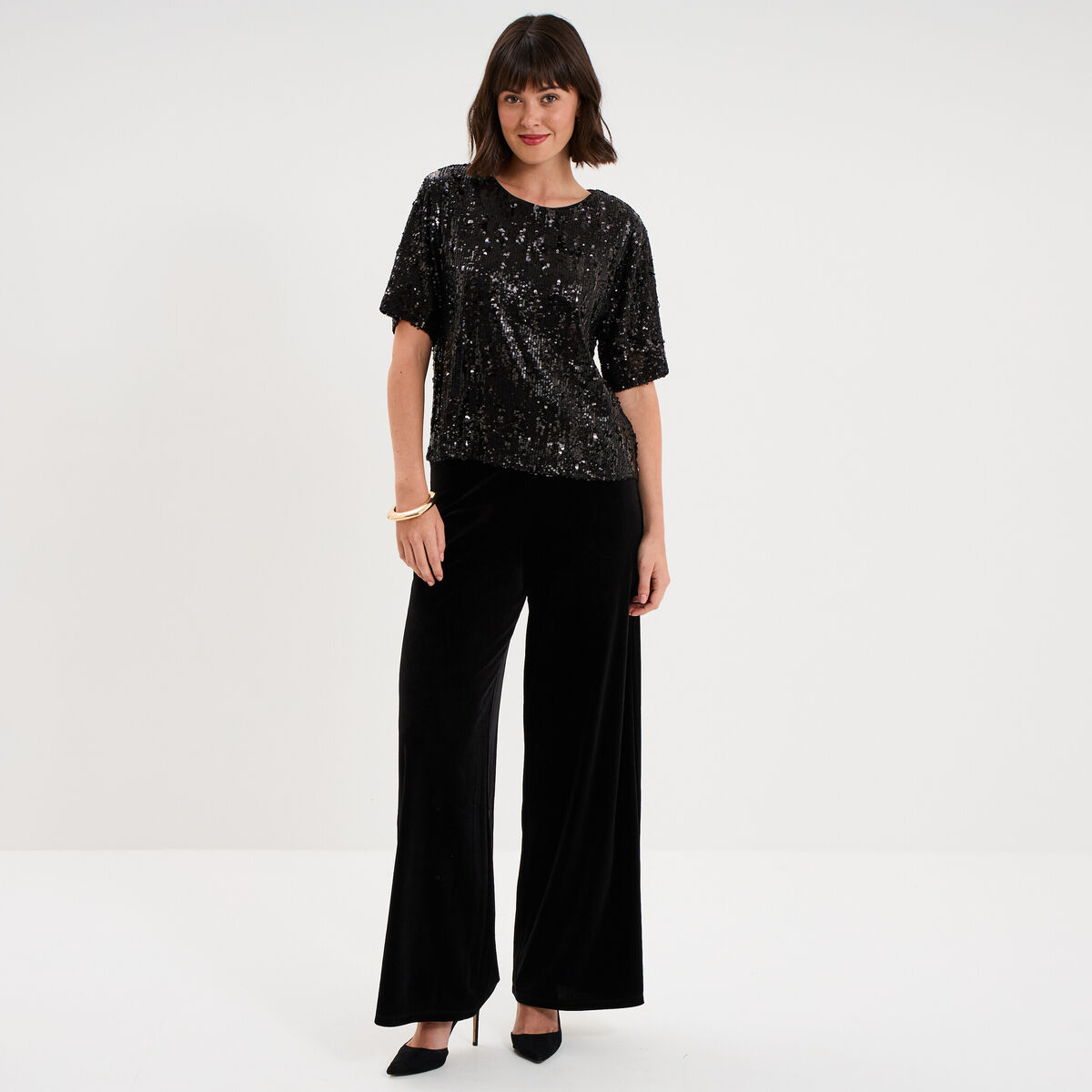 Pantalon large en velours taille haute noir femme