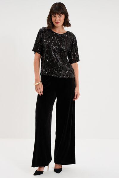 Pantalon large en velours taille haute noir femme