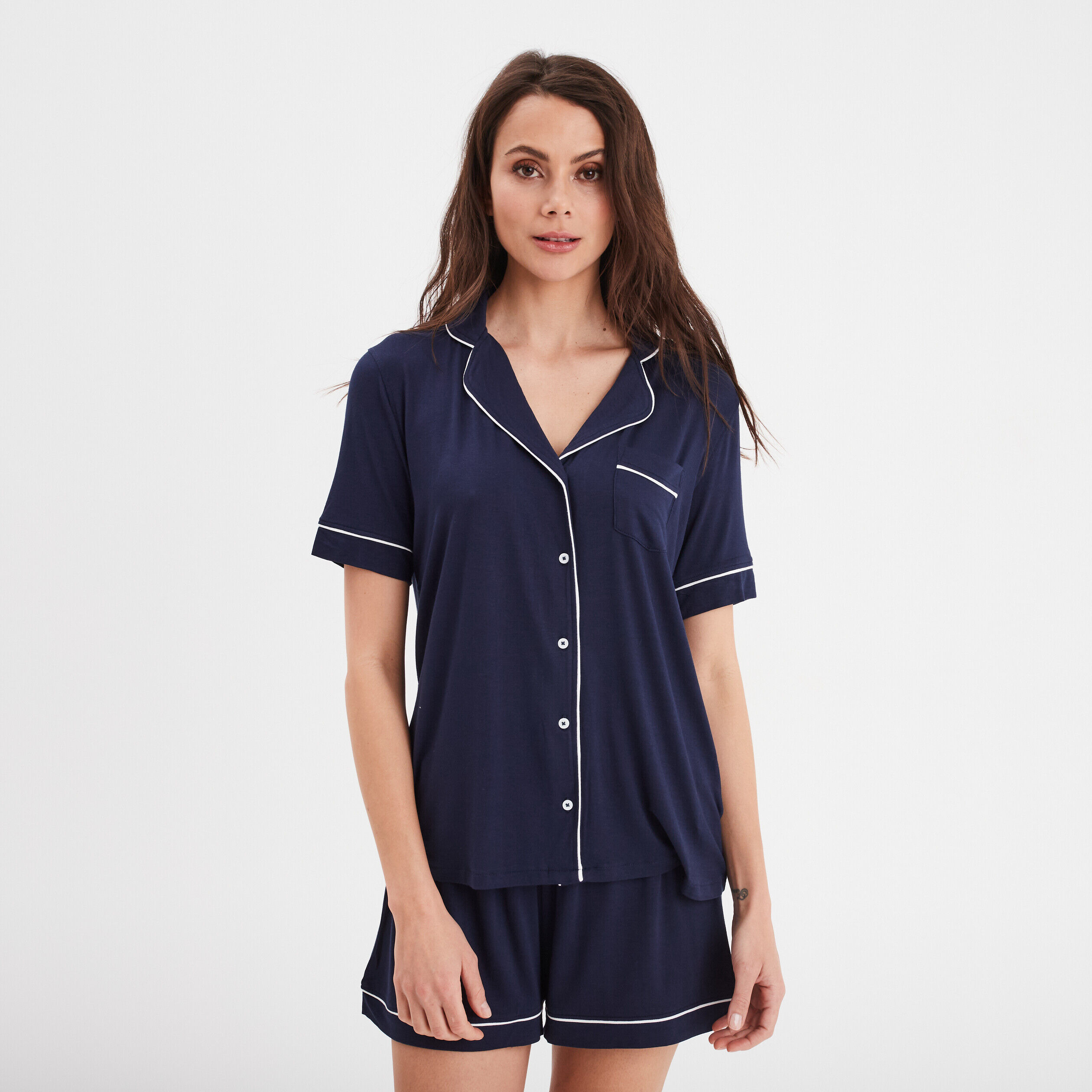 Ensemble pyjama short et chemise bleu marine femme LH