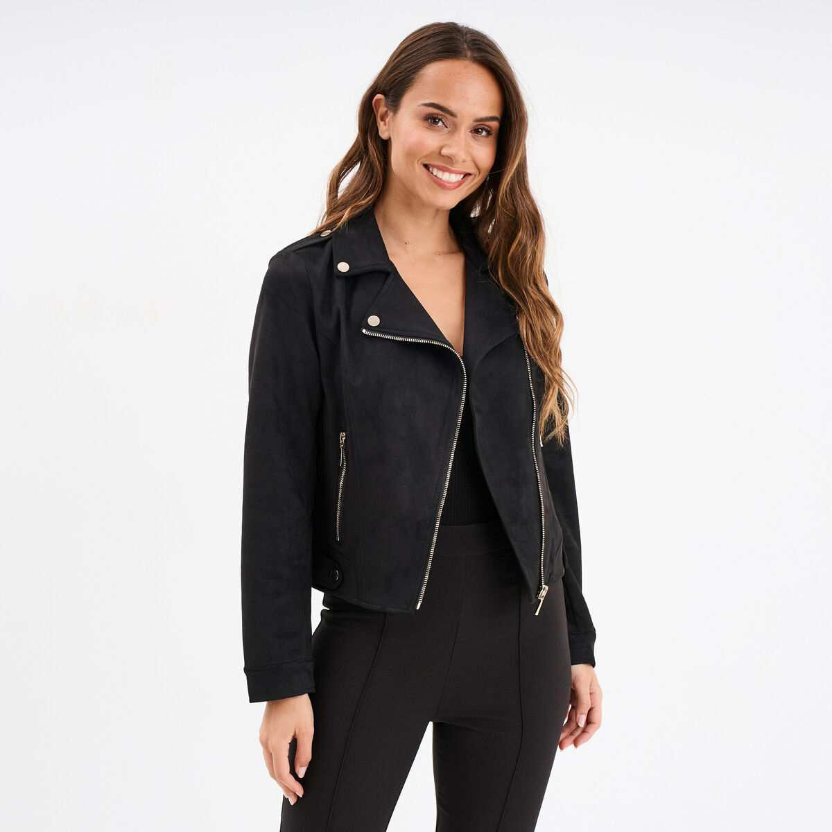 Veste courte esprit biker effet su&eacute;dine noir femme