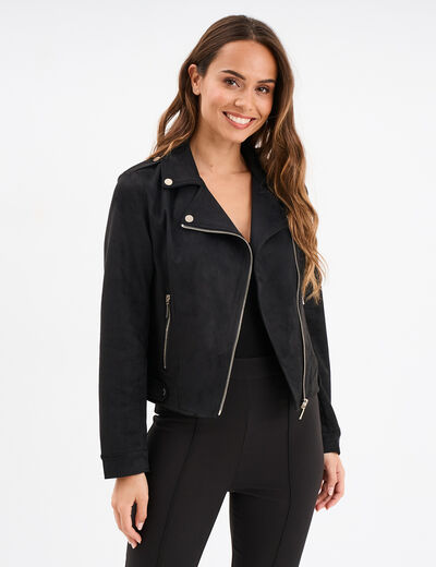 Veste courte esprit biker effet su&eacute;dine noir femme