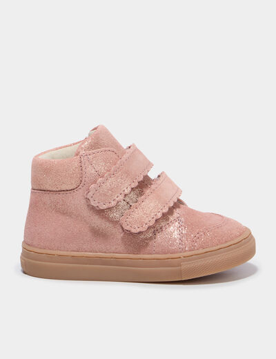 Bottillons &agrave; scratchs en cuir rose b&eacute;b&eacute; fille