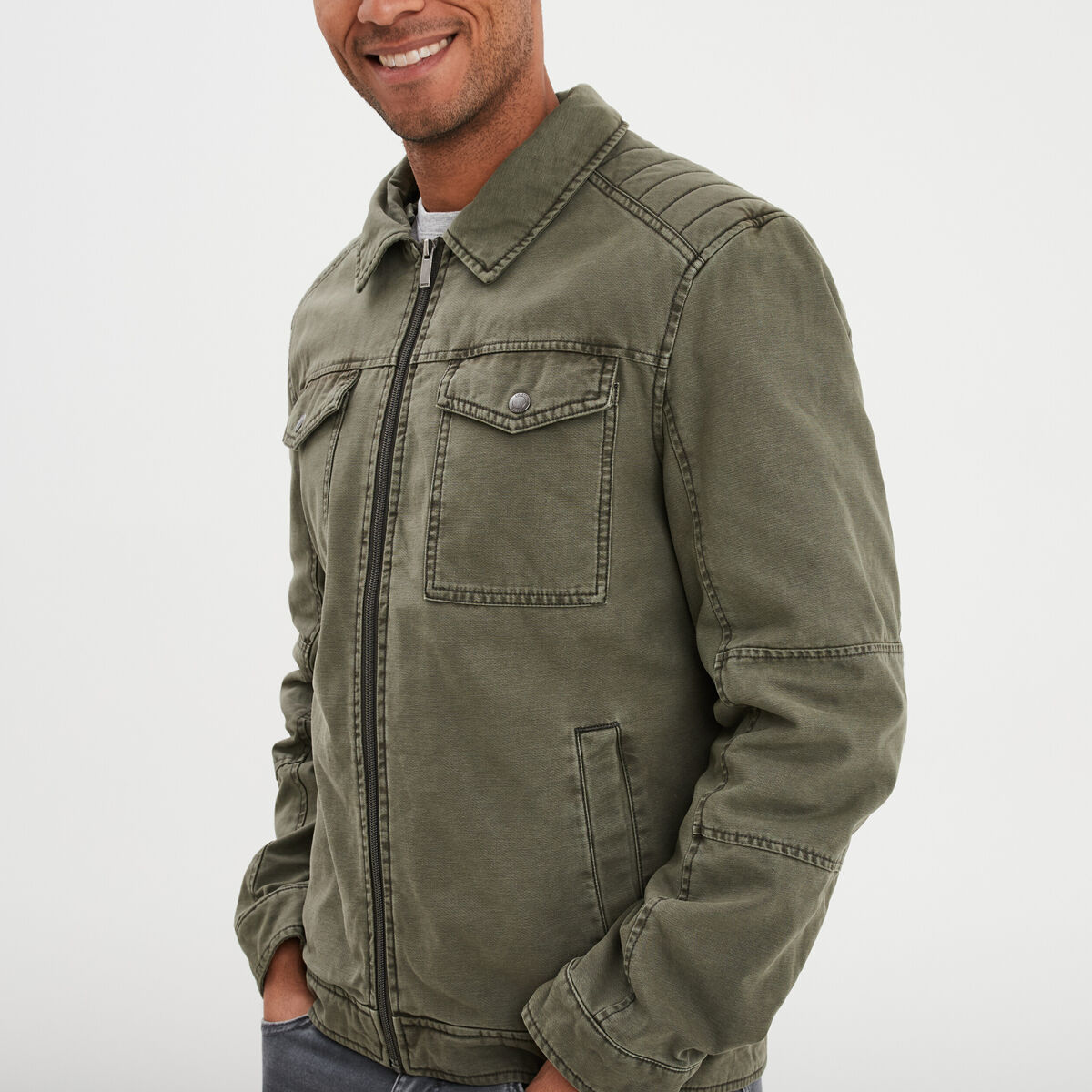 Veste doubl&eacute;e capuche amovible en coton vert kaki homme