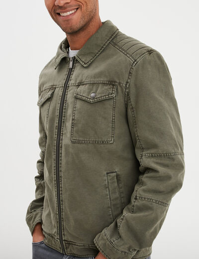 Veste doubl&eacute;e capuche amovible en coton vert kaki homme