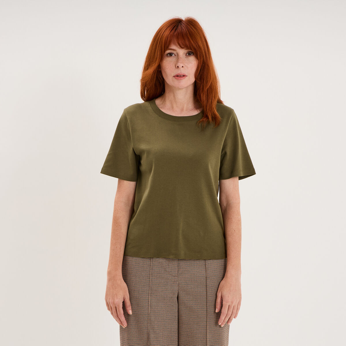 T-shirt manches courtes col rond coton vert kaki femme