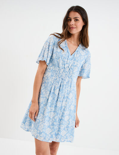 Robe courte col en V taille smock&eacute;e bleu ciel femme